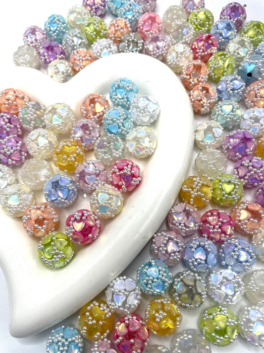 diy fancy heart bead ornaments with pearl for valentines clear base ,solid base，random mix