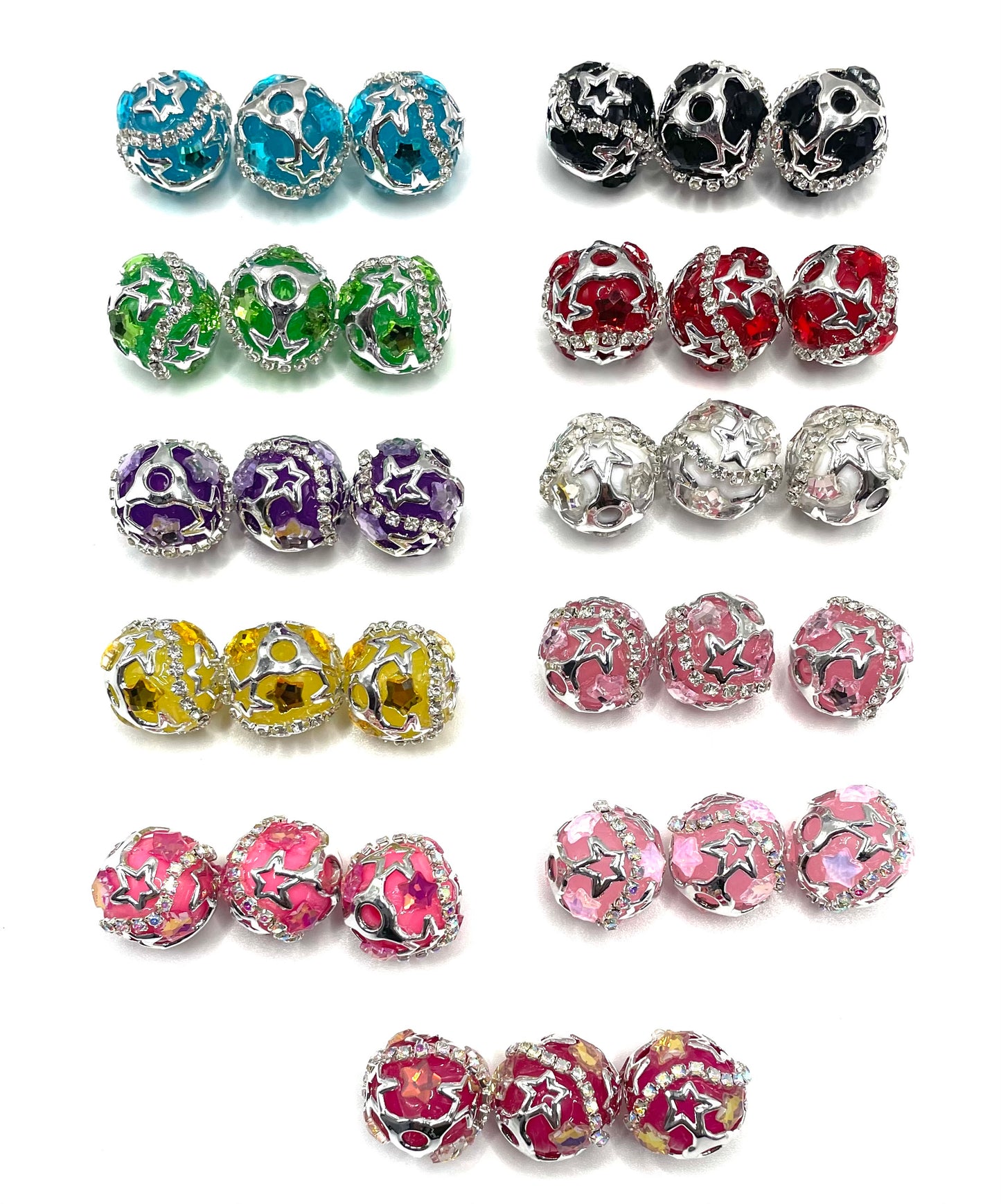 beaded beadable fancy star bead ornaments with silver color rhinestone chain and cover by metallic silver star bead cap,random mix