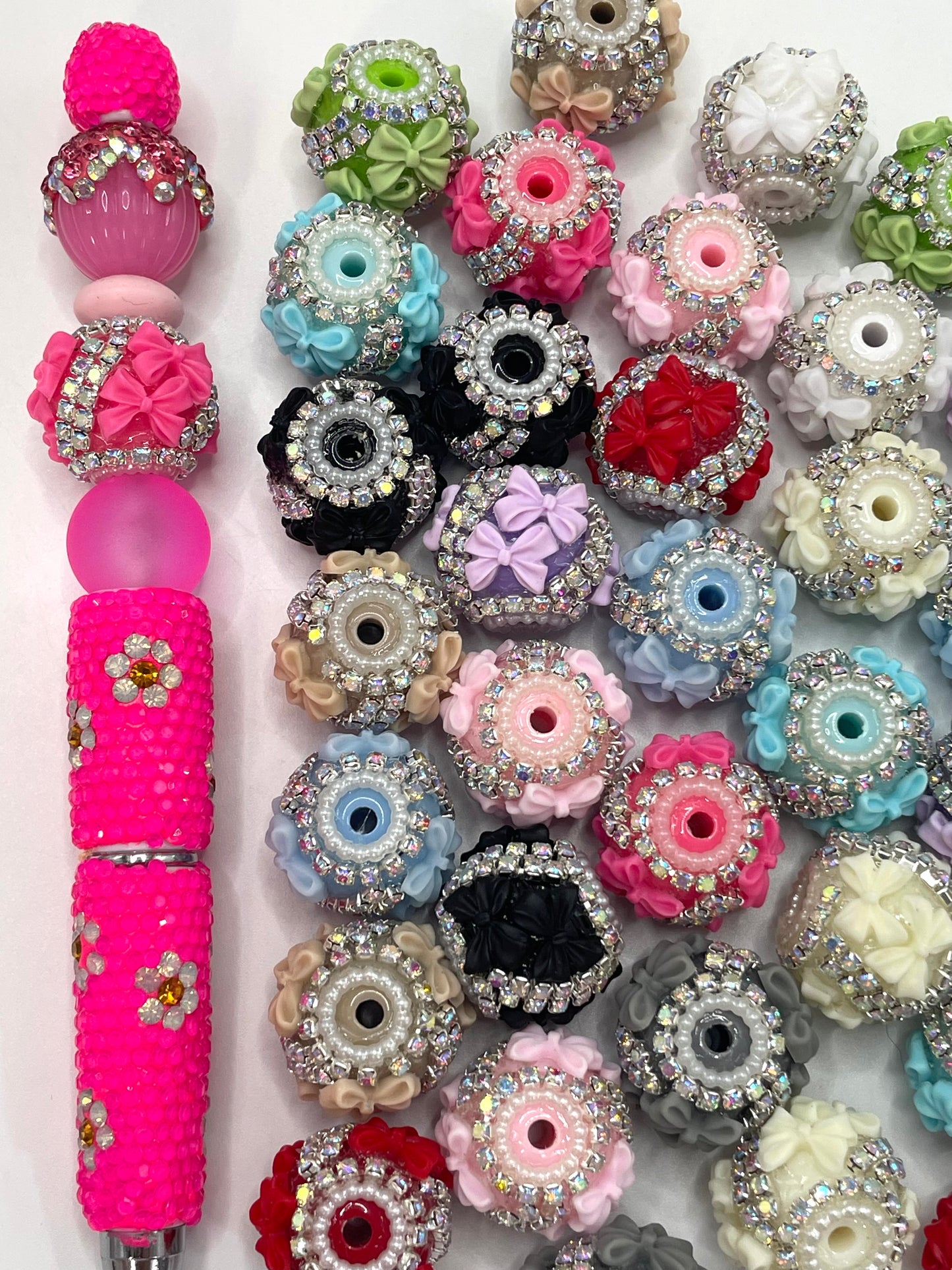Fancy Beads Fuzzy doubble bow Rhinestone doubble Chain Pearl gasket spacers Acrylic beads 18mm Random Mix