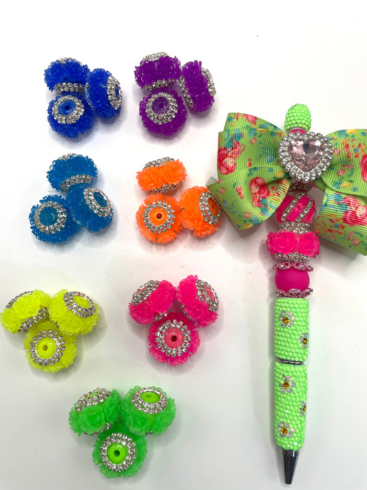 Beaded beadable fancy flower beads neon colored with rhinestone chain,random mix