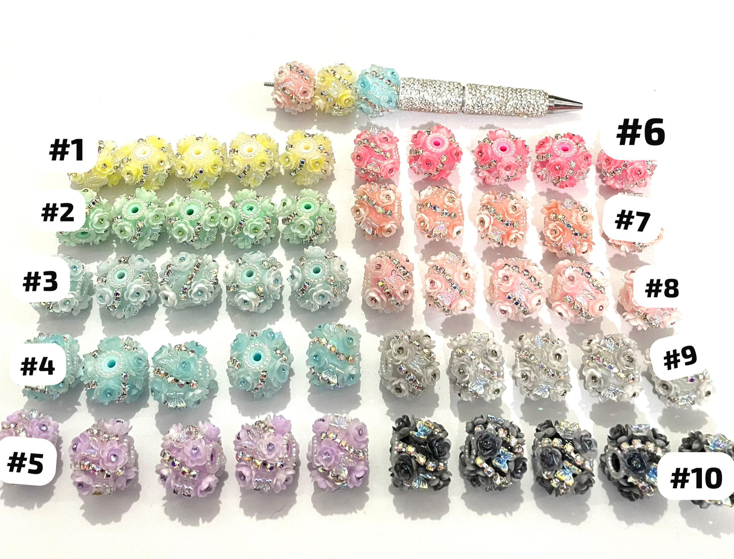 beaded beadable fancy flower ornaments with butterfly and rhinestone chain ,colored ,random mix