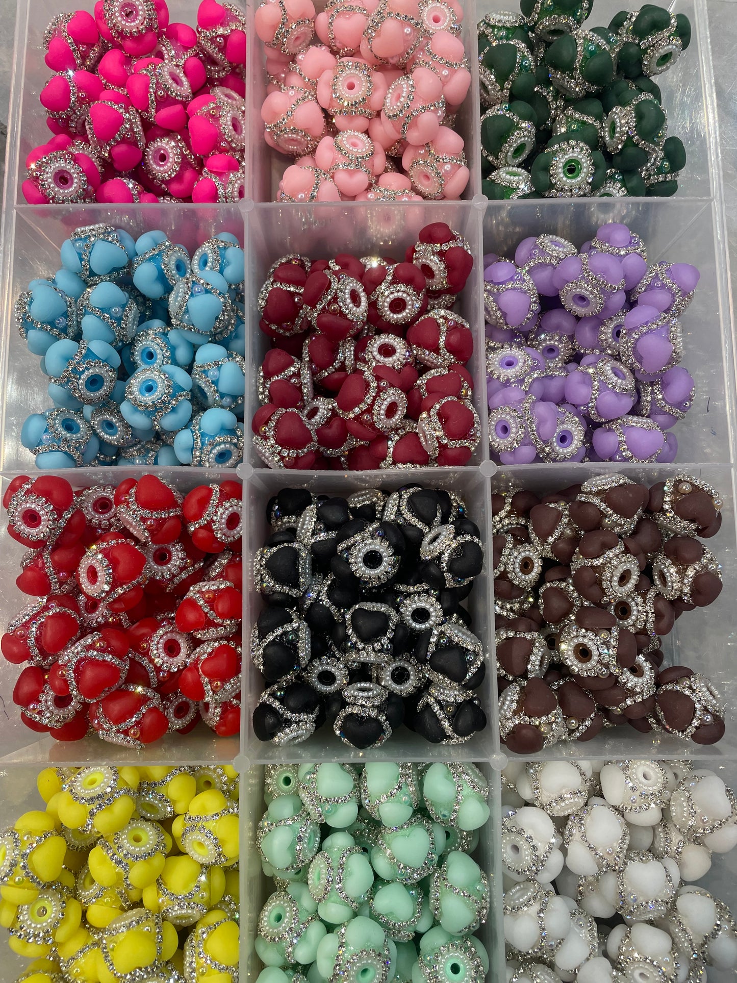 DIY beaded beadable fancy heart shaped beads with silver rhinestone chain,colored