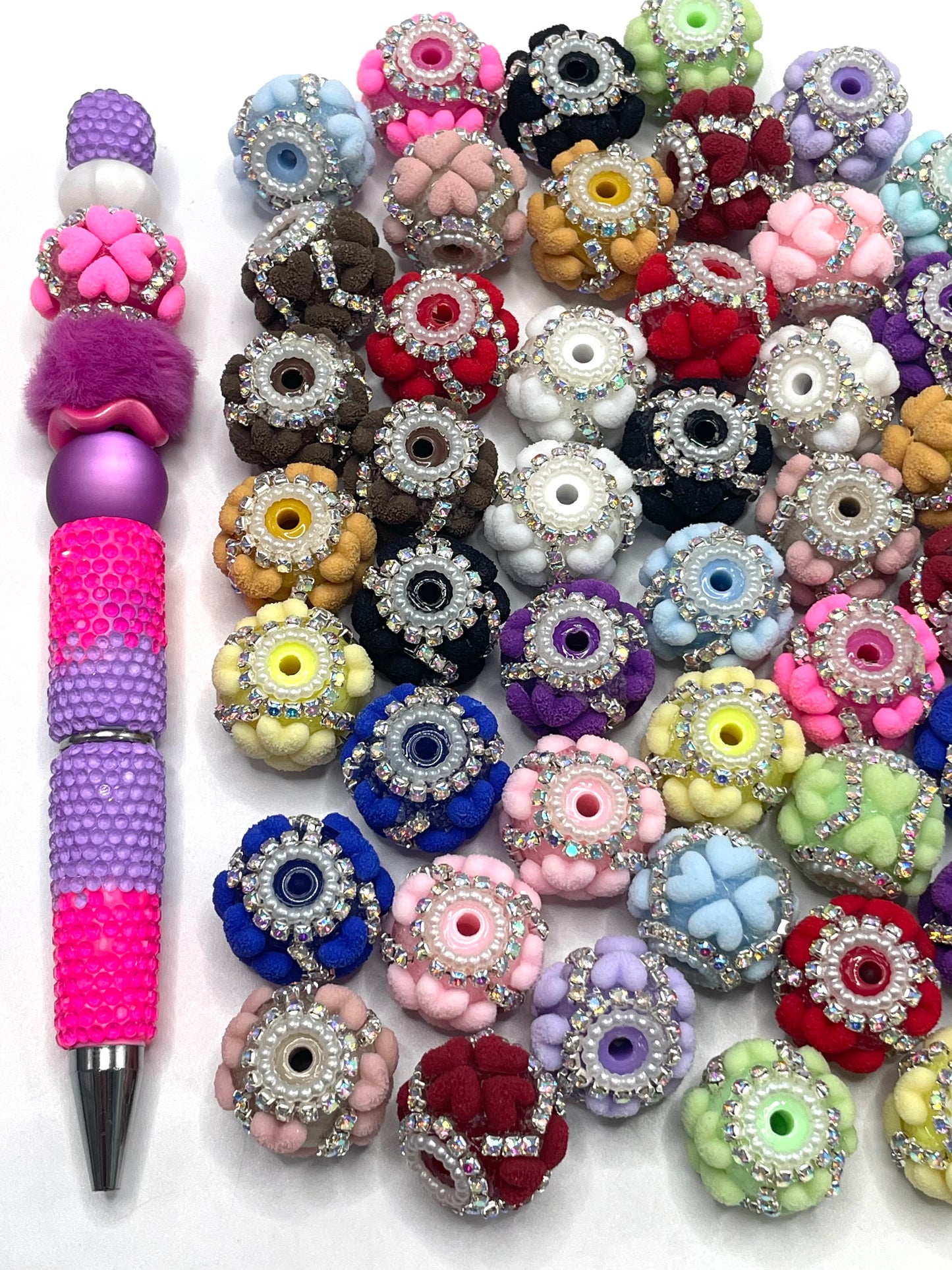 Fancy Beads Fuzzy Heart Rhinestone Chain Pearl gasket spacers Acrylic beads 18mm Random Mix