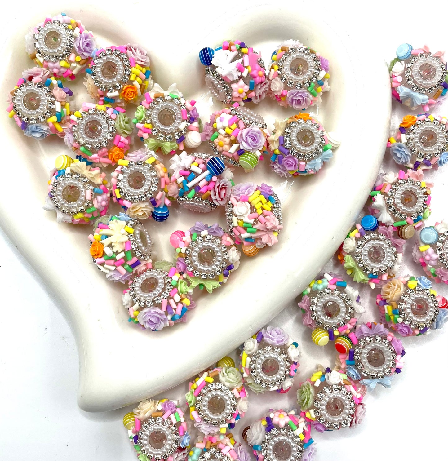 Diy beaded beadable rainbow color fancy beads ornaments with lollipop candy flower rhinestone chain and pearl