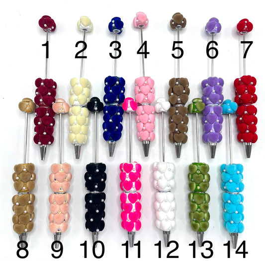 beaded beadable fancy flocked fuzzy heart pens,colored