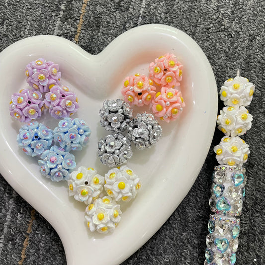3 Leaf flower beads three pastel flowers with rhinestones clay flower beads