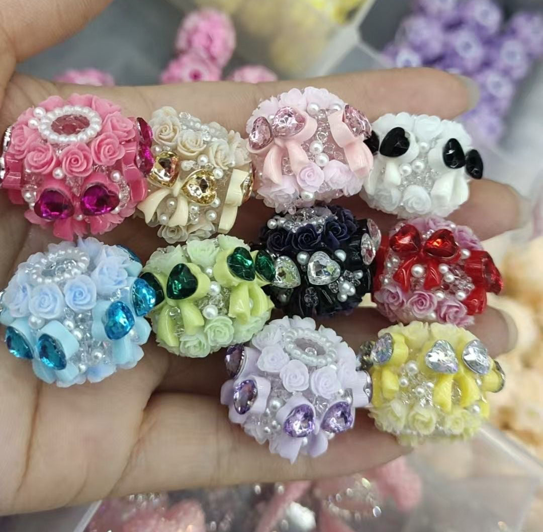 fancy heart beads beaded beadable crystal heart with bow beads and pearl and rose flower ,random mix color