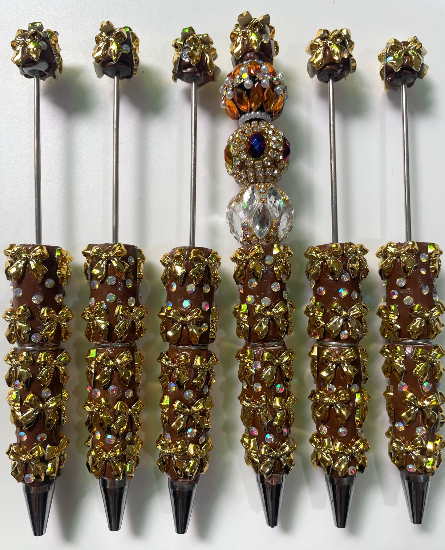 pen Gold bow Dark brown string pen Medieval style Gorgeous beaded pen