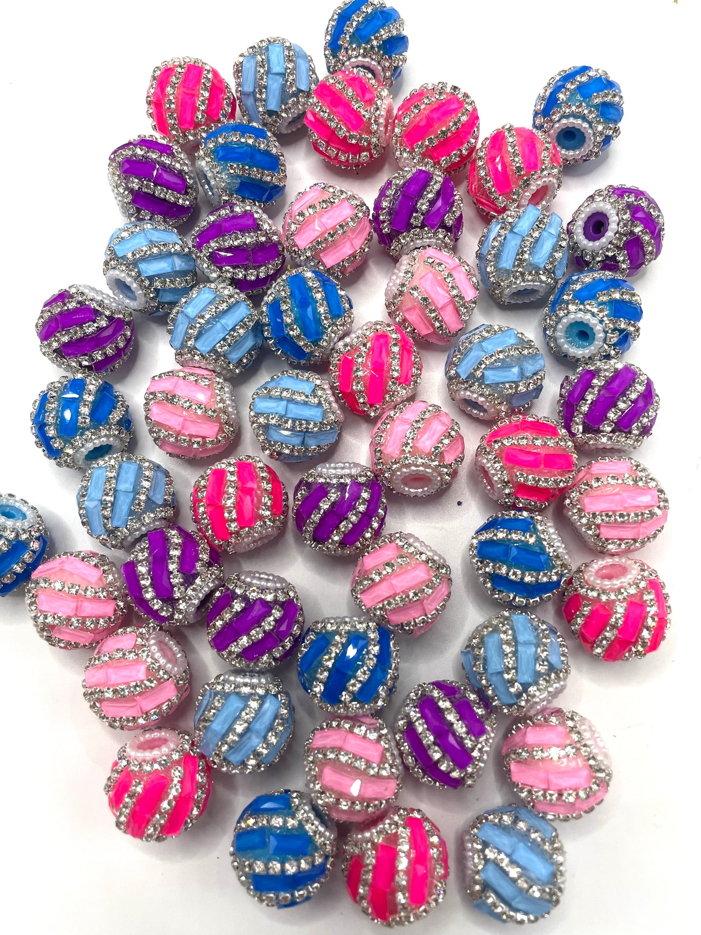 beaded beadable fancy Neon color beads mirror beads with silver rhinestone chain,random mix