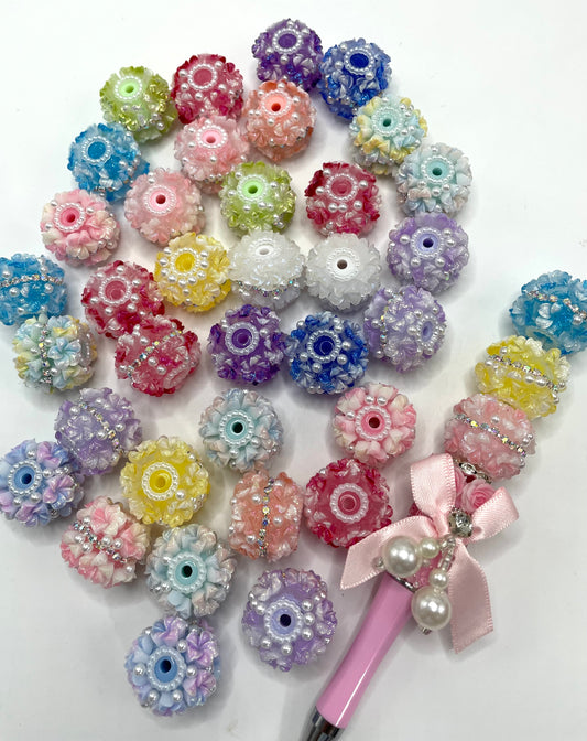 Flowe bead acrylic flower bead ornaments with pearl UV glitter on leaves rhiestone chain diy bead beadable bead random mix color