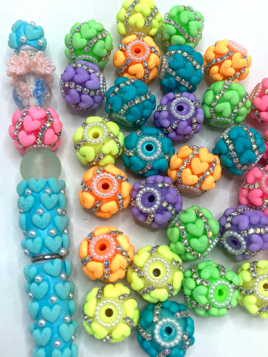 beaded beadable fuzzy heart beads neon bead heart beads with silver rhinestone chain fancy beads