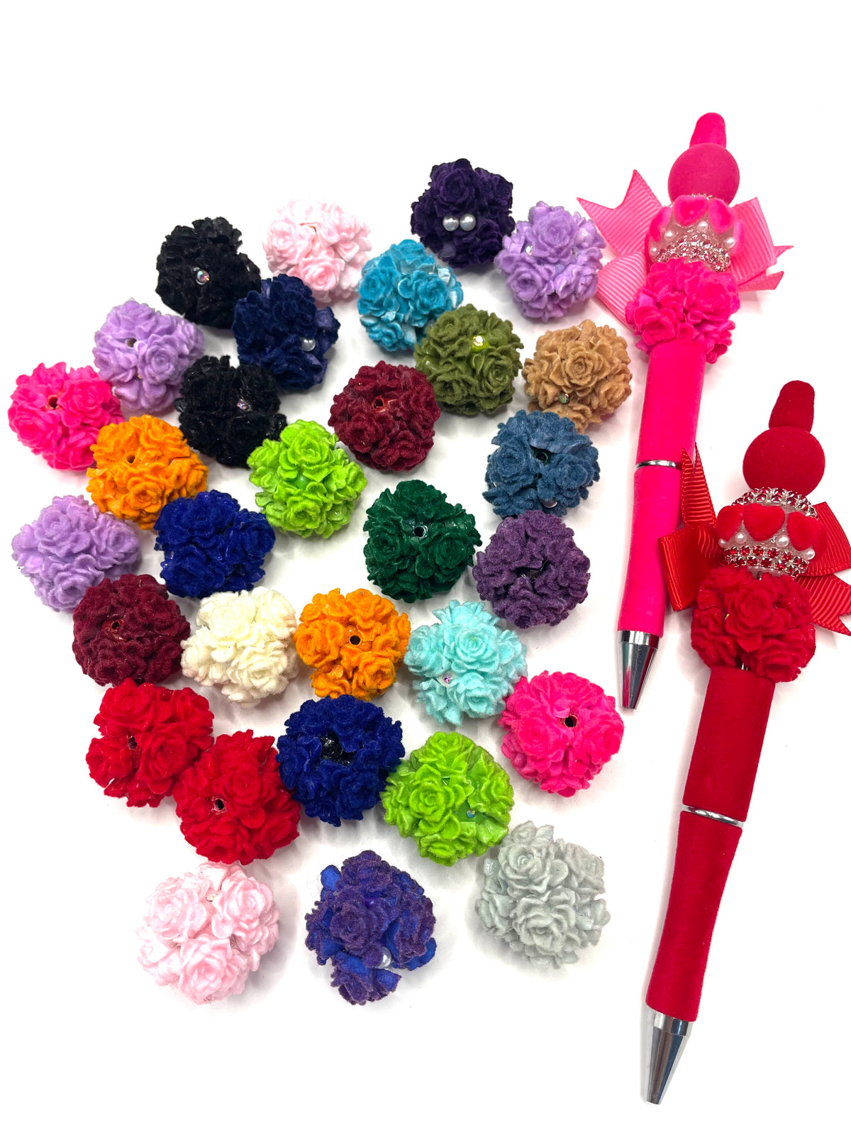 beaded beadable fancy fuzzy flocked soft rose flower beads random mix colored