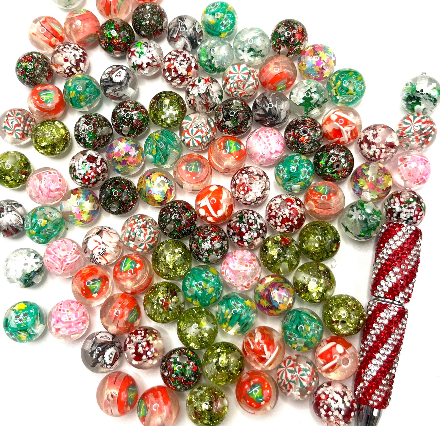 diy beaded bearable acrylic beads with the festival Christmas elements inside colored ,random mix 16mm