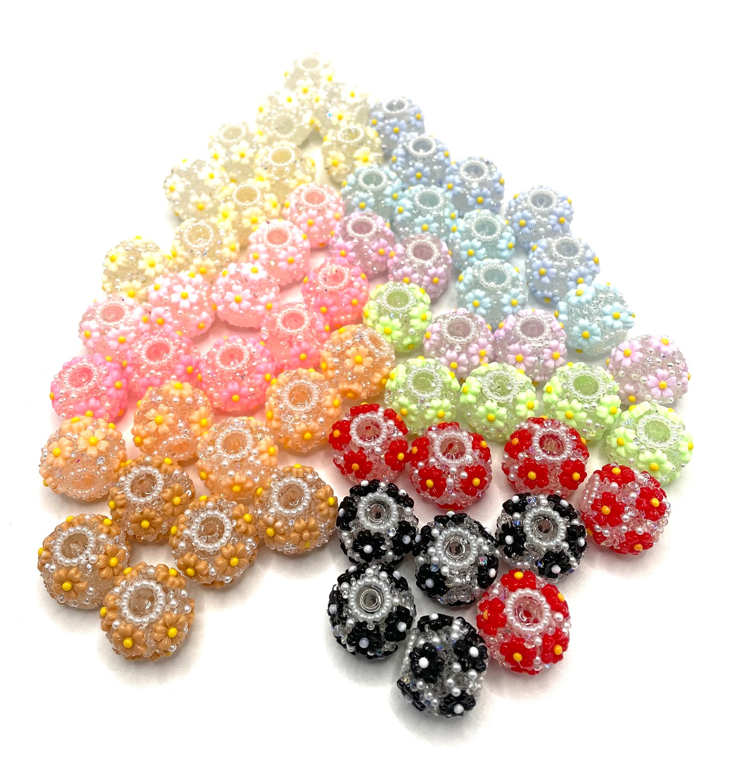 beaded beadable flower bead daisy flower with pearl transparent acrylic base bead ,colored ,random mix