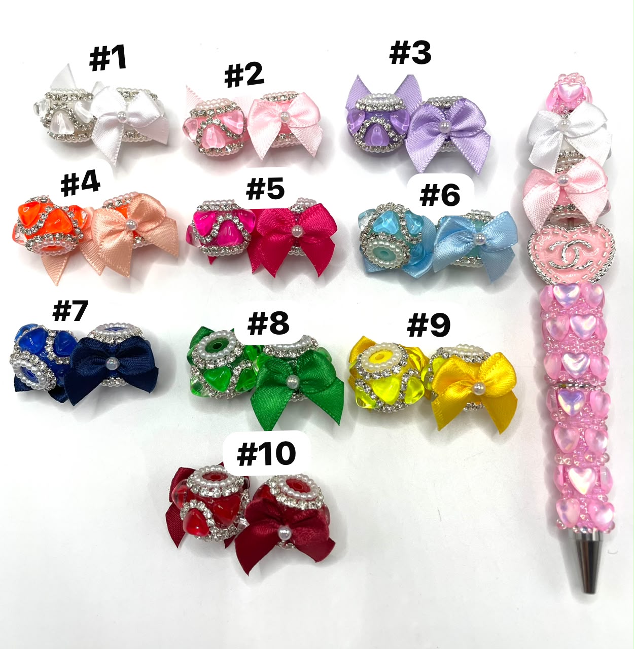 DIY beaded beadable textile fabric fancy bow bead ornaments with pearl and rhinestone chain and crystal heart ,colored ,random mix