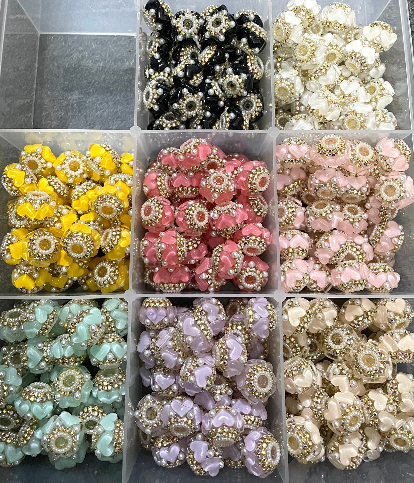 gold color rhinestone chain diy beaded beadable heart shape fancy beads ornaments with pearl and gold color rihnestone chain,colored ,random mix