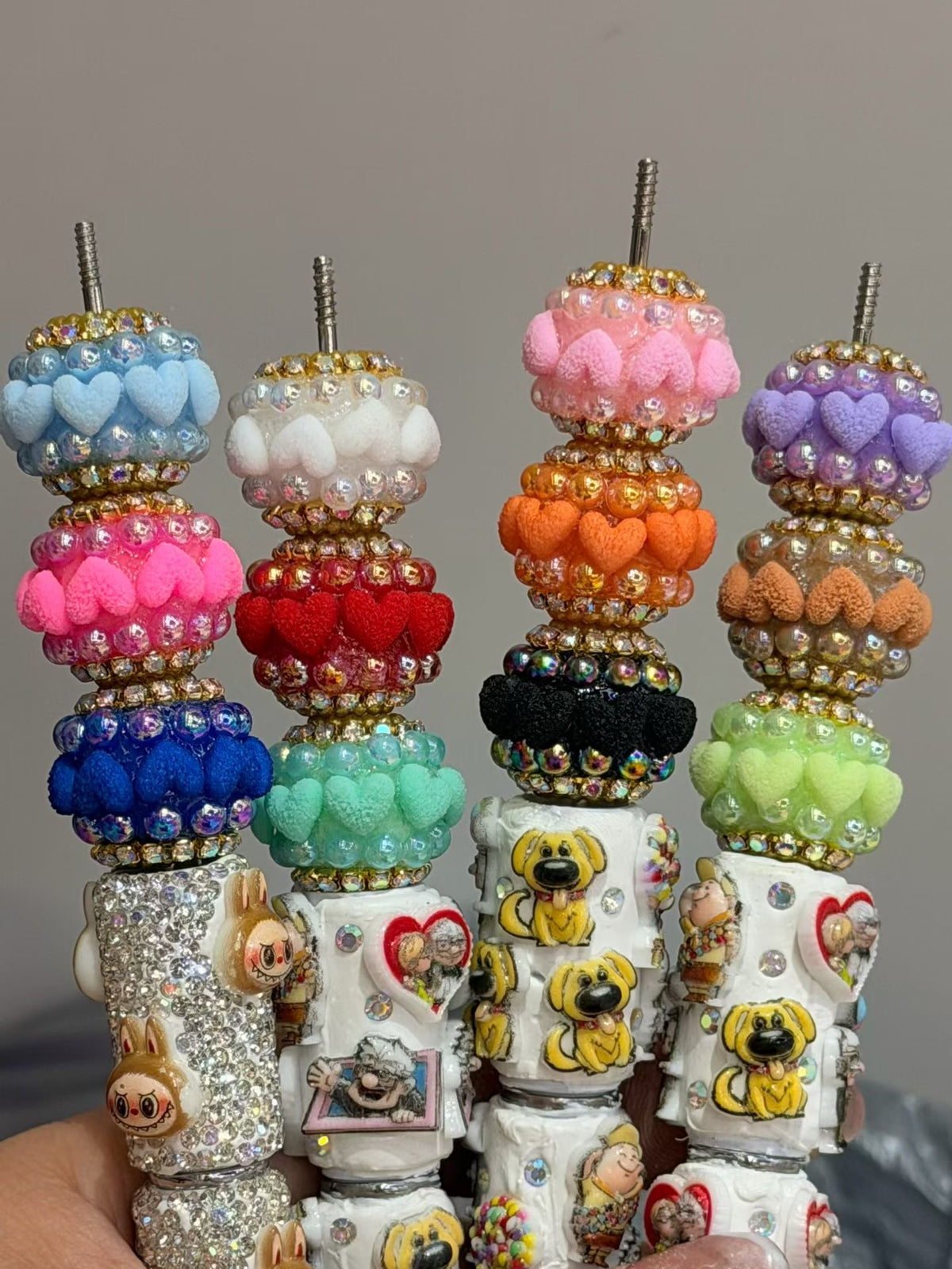 DIY beaded beadable fancy beads ornaments with fuzzy flocked heart shaped  and pearl and golden color  rhinestones,random mix
