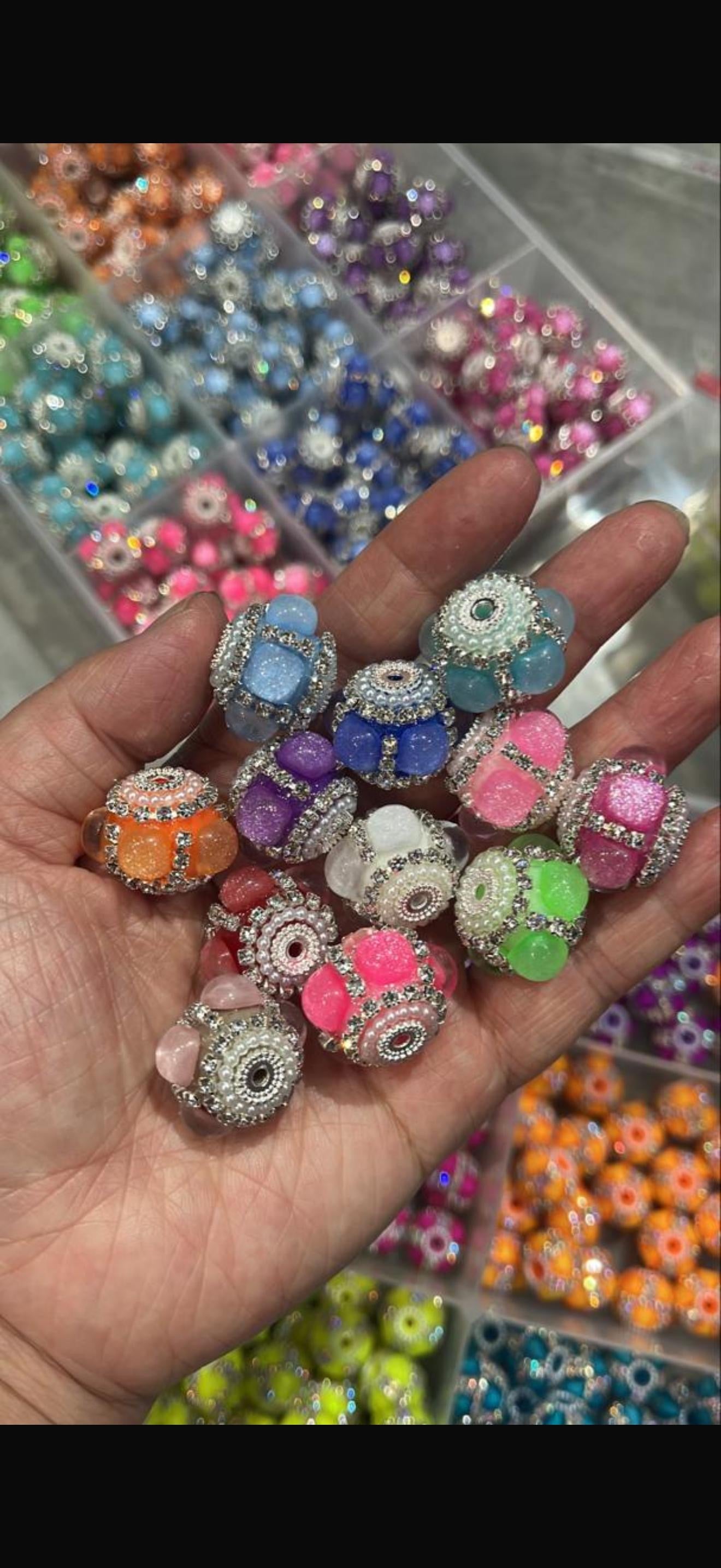 Beaded beadable fancy glitter bubble beads with silver color rhinestones and pearl random mix color