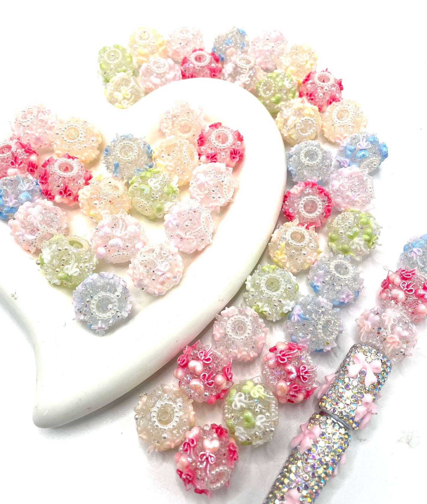 balloon heart beads Acrylic bead Love bow balloons Rhinestones and pearls bead 21mm colored ,random mix
