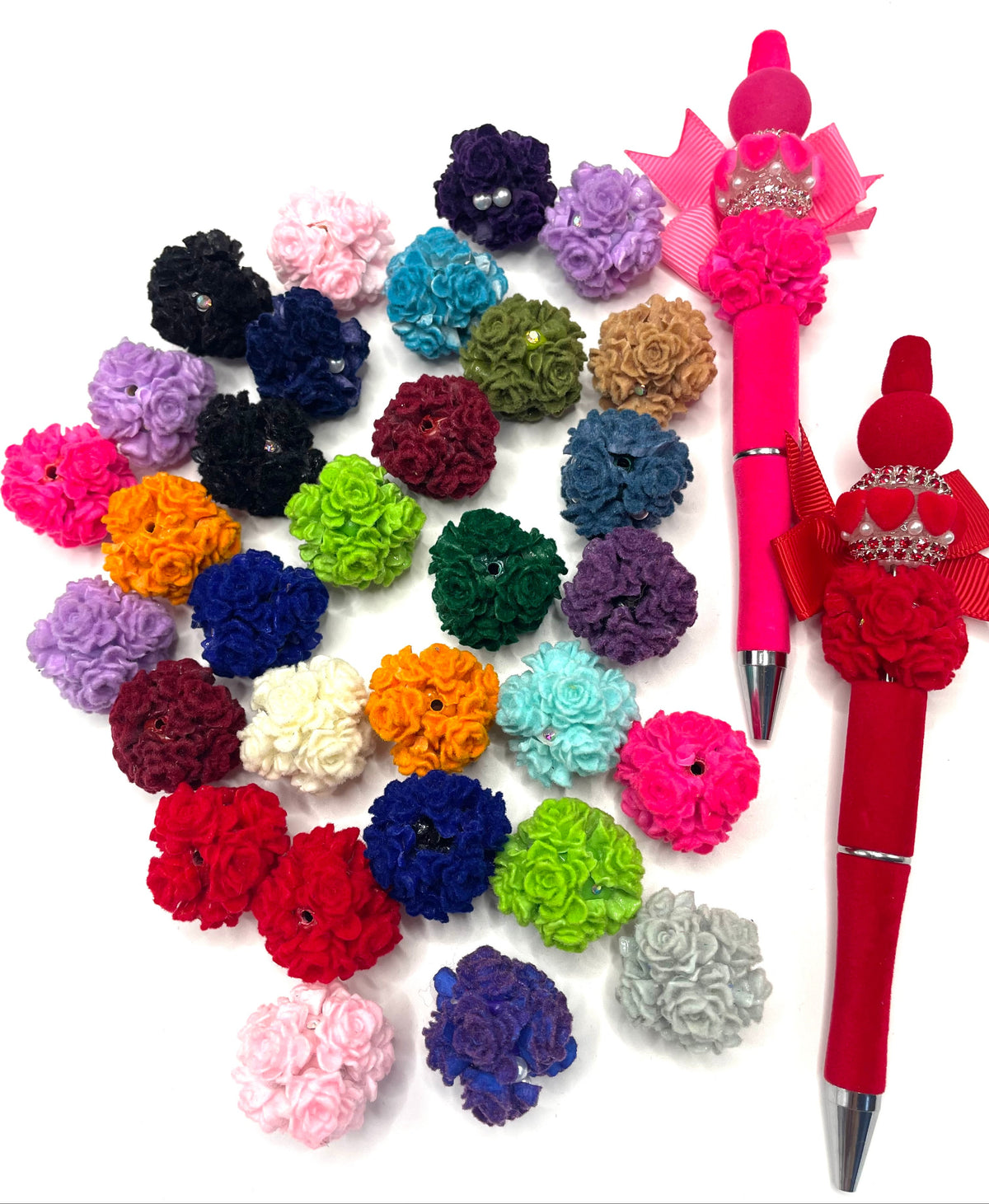 beaded beadable fancy fuzzy flocked soft rose flower beads random mix colored