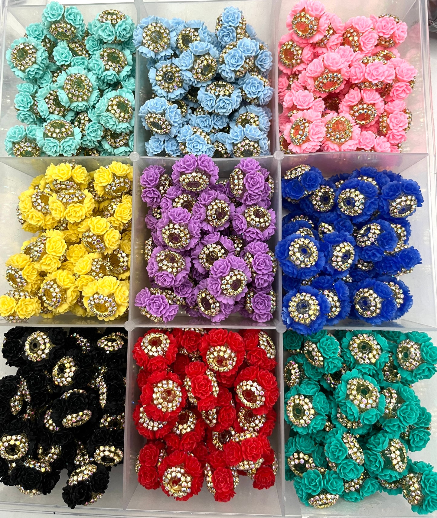 rose flower hard rose beads rose beads with gold color rhinestone chain,colored ,random mix