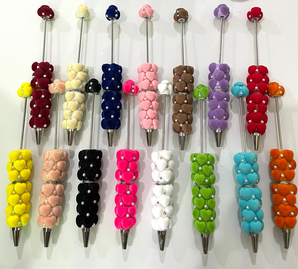 beaded beadable fancy flocked fuzzy heart pens,colored