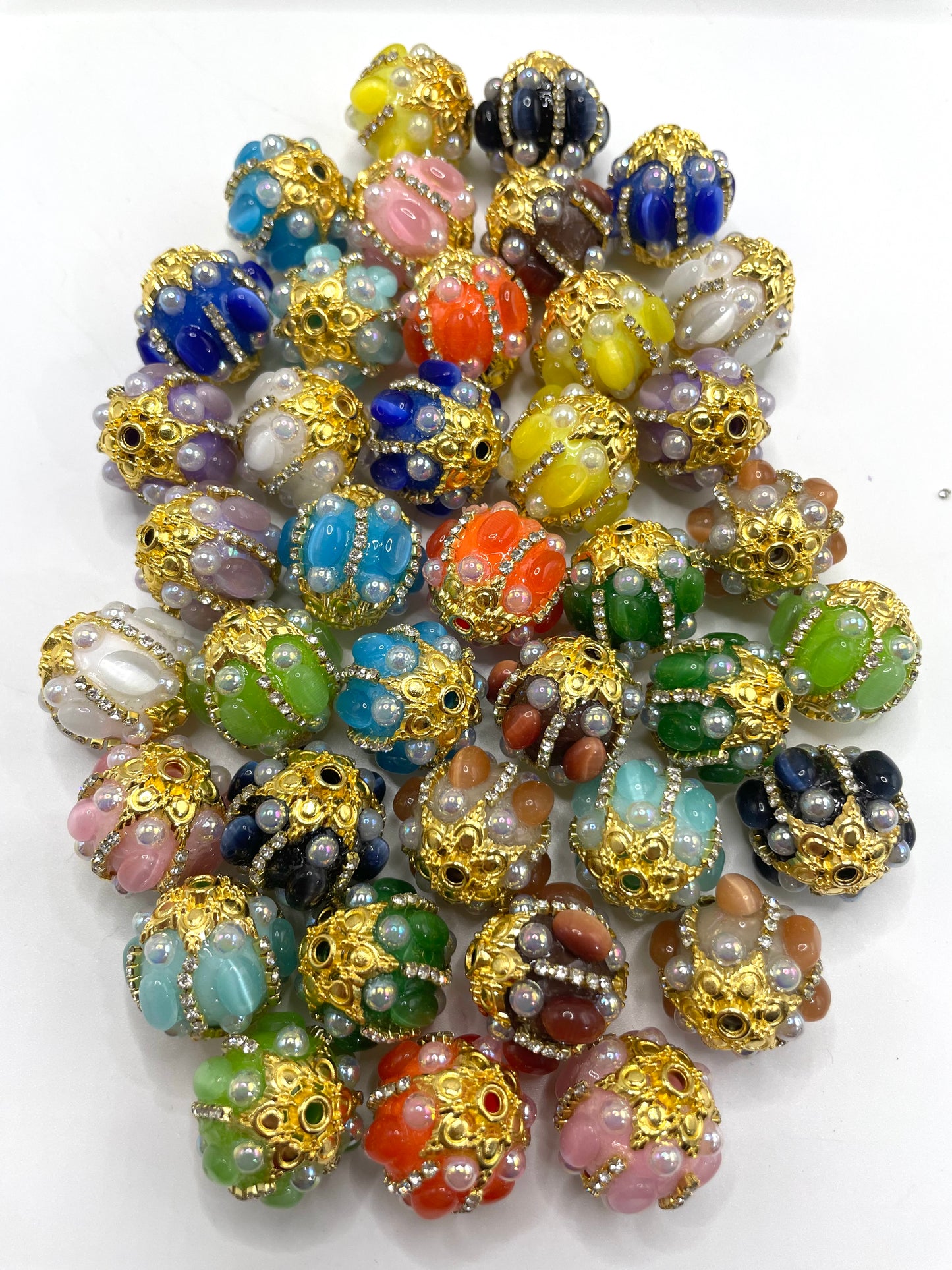 DIY fancy bead with metal metallic gold bead cap and pearl and colored stone bubble  cat eye ,random mix
