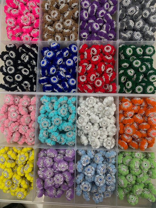 Beaded beadable fancy flower beads Beaded fuzzy flocked rose  flower beads with silver rhinestone chain ,colored,random mix