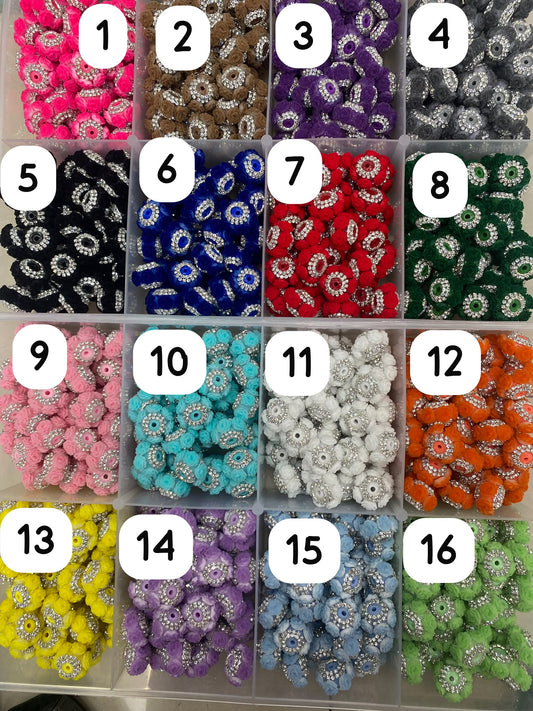 Beaded beadable fancy flower beads Beaded fuzzy flocked rose  flower beads with silver rhinestone chain ,colored,random mix