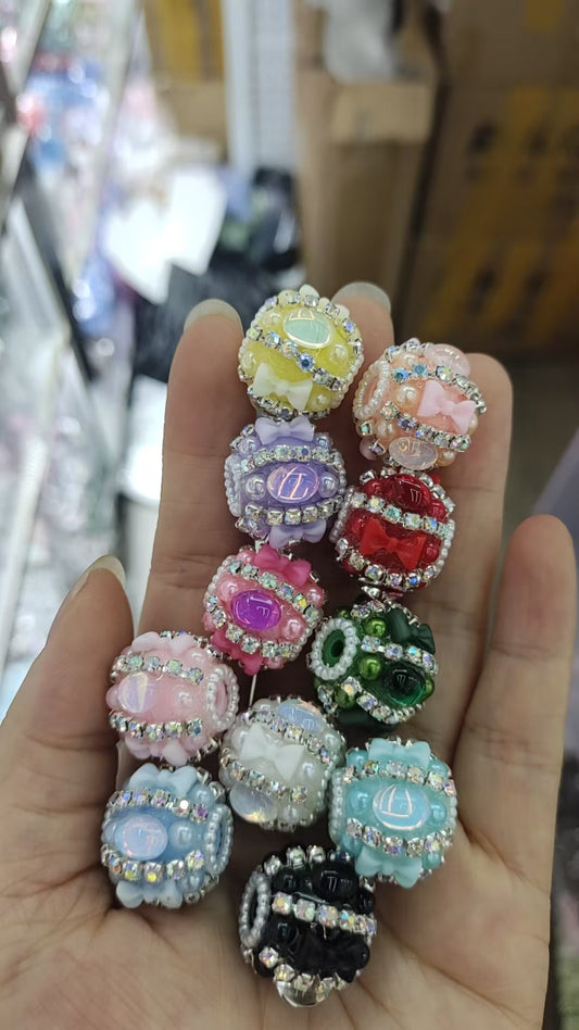 DIY beaded beadable fancy beads ornaments with bow pearl and oval shaped stone ,colored