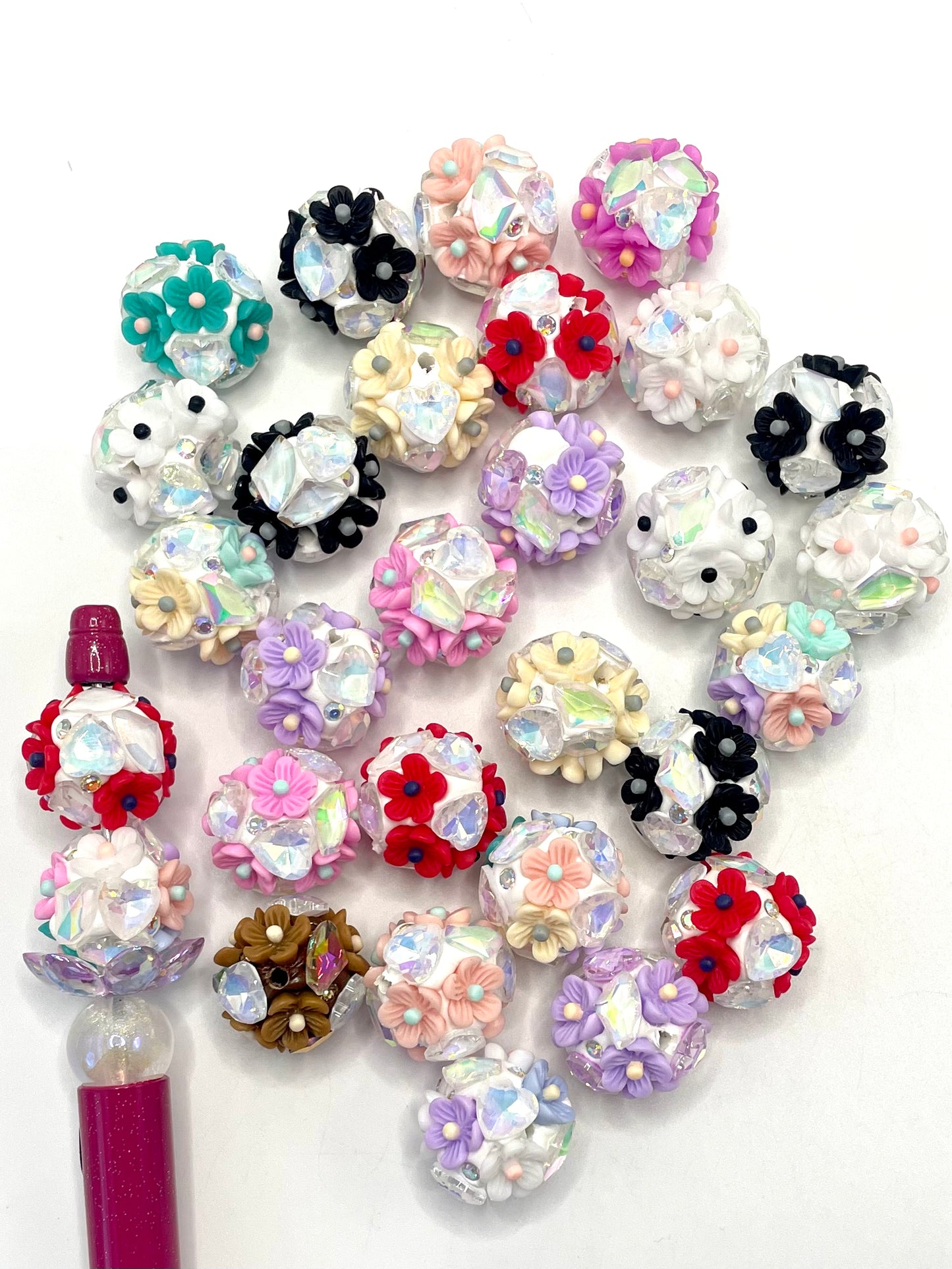 Fancy Beads Multicolor Flowers with Heart Crystal and Rhinestone Clay Beads,Random Mix,20mm Fancy-487