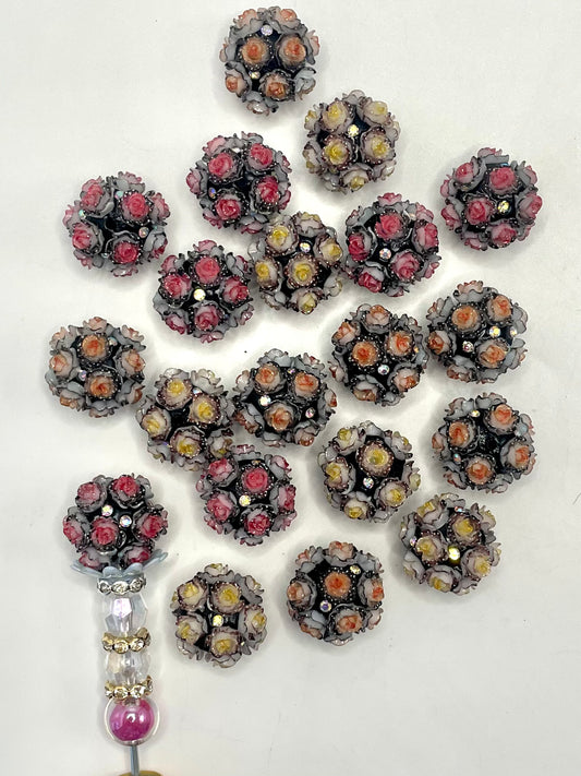 Flower Bead Fancy Beads Multicolor Rose Flower with AB Color Rhinestone Clay Beads,Random Mix,20mm