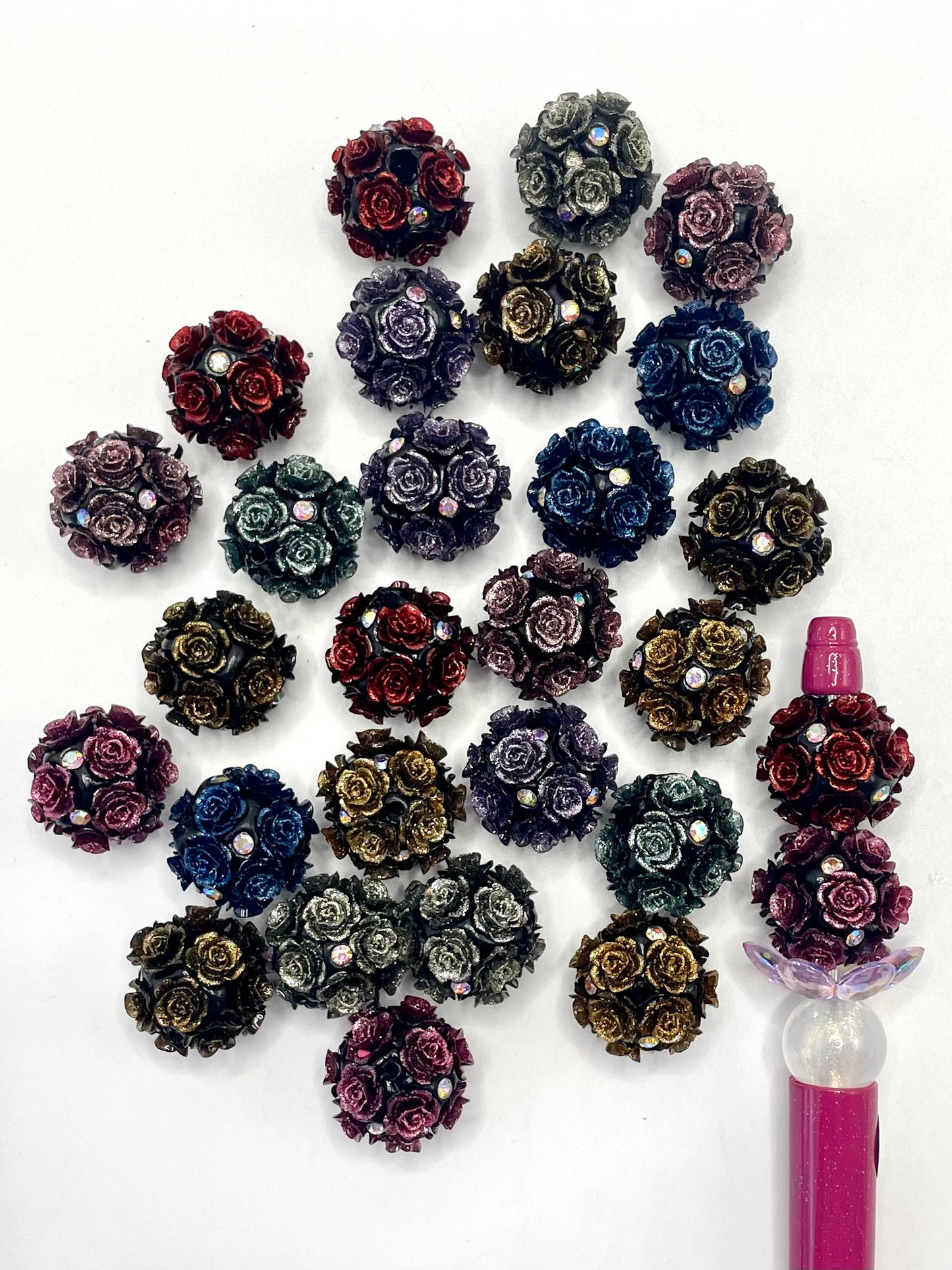 Flower Bead Fancy Beads Dark Rose with AB Color Rhinestone Gothic Clay Beads,Random Mix,20mm Fancy-524