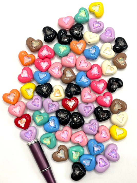 Heart Multicolor Double Layer Acrylic with Crystal Beads,Random Mix,18mm