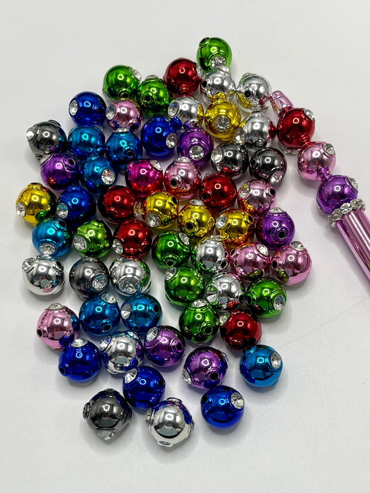 Glossy Metallic With Clear Rhinestone Acrylic Multicolor Round Beads,Random Mix,16mm