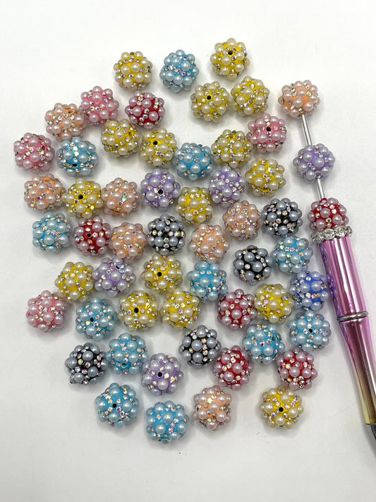 White Pearl and AB Color Rhinestones Clay Round Beads,Small Size,Random Mix,14mm