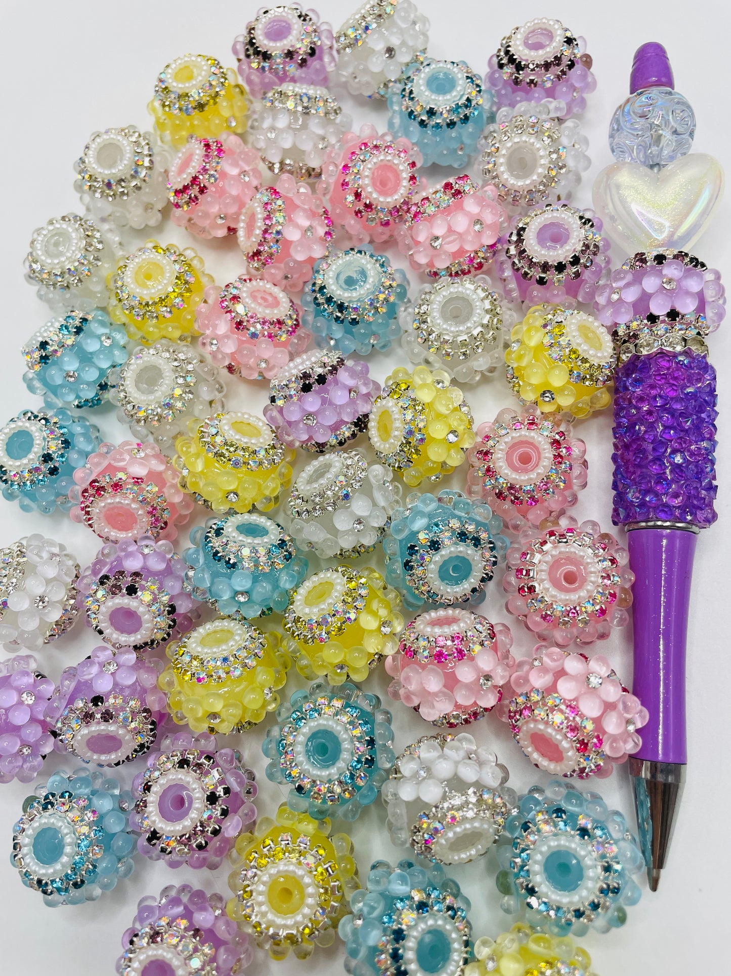 bubble Flower Bead Colorful Folwer with Pearl Rhinestones,Random Mix,22mm Fancy-9