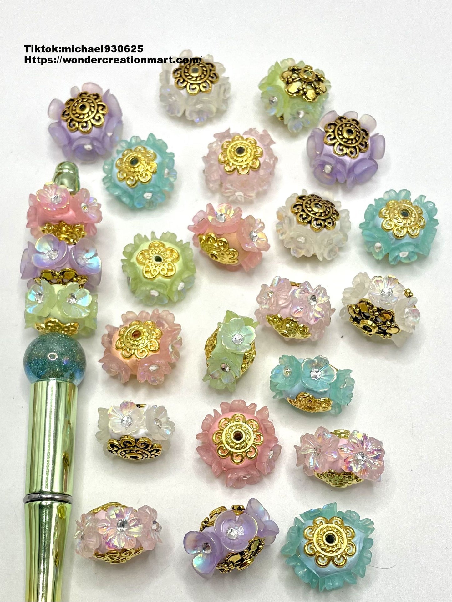 Fancy UV Flower with Rhinestones and Gold Flower in Top Clay Beads,Random Mix,20mm Fancy-550