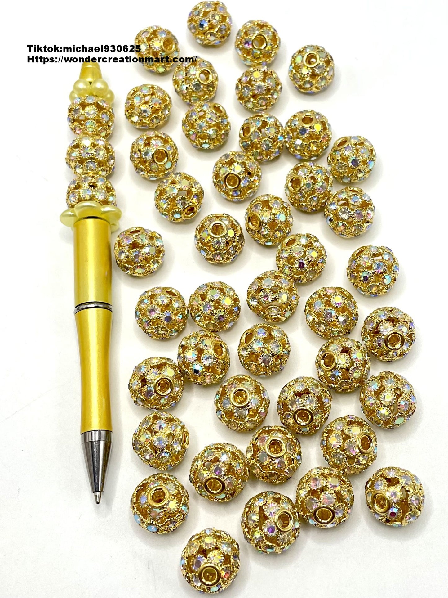 Metal Gold & Silver Hollow Ball with AB Rhinestone Alloy Beads,Random Mix,16mm