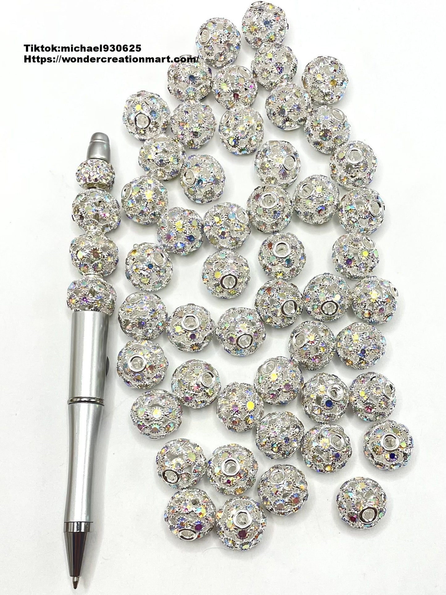 Metal Gold & Silver Hollow Ball with AB Rhinestone Alloy Beads,Random Mix,16mm