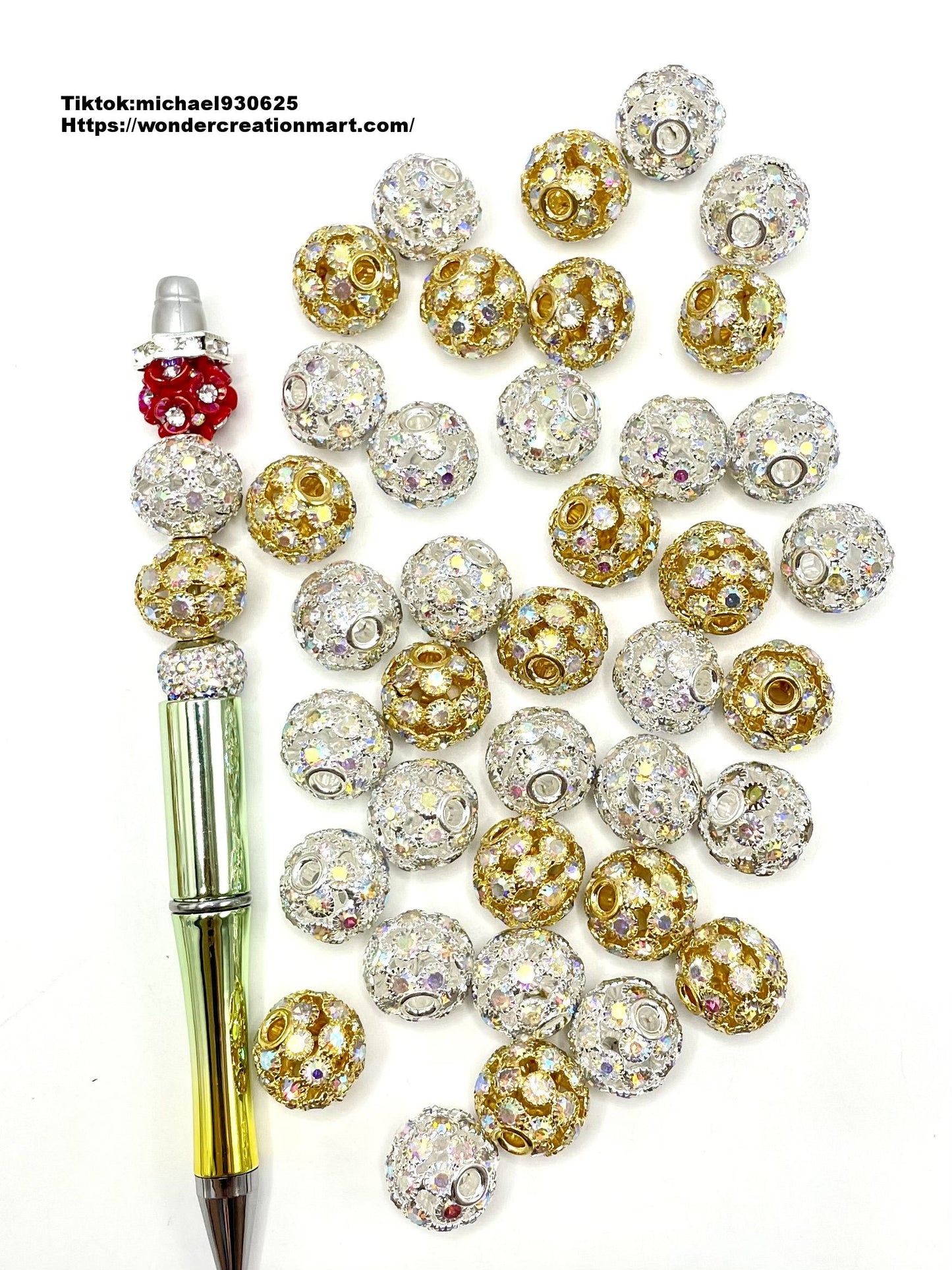 Metal Gold & Silver Hollow Ball with AB Rhinestone Alloy Beads,Random Mix,16mm