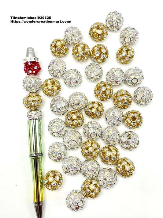 Metal Gold & Silver Hollow Ball with AB Rhinestone Alloy Beads,Random Mix,20mm