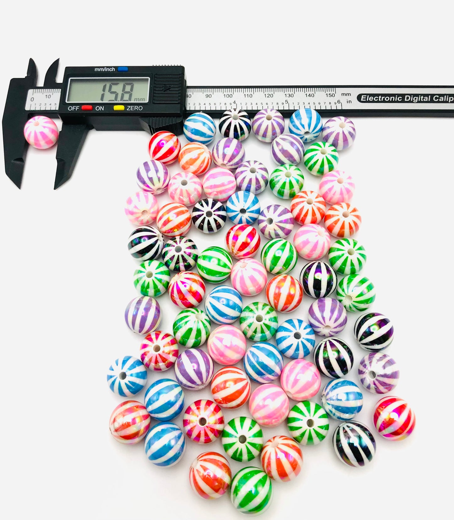 Colorful Striped Watermelon Balls with White Acrylic Beads, UV Random Mix,16mm