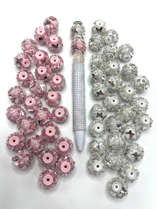 Fancy Beads mirror Butterfly Chain pearls Bubble Pink and white beads Random Mix