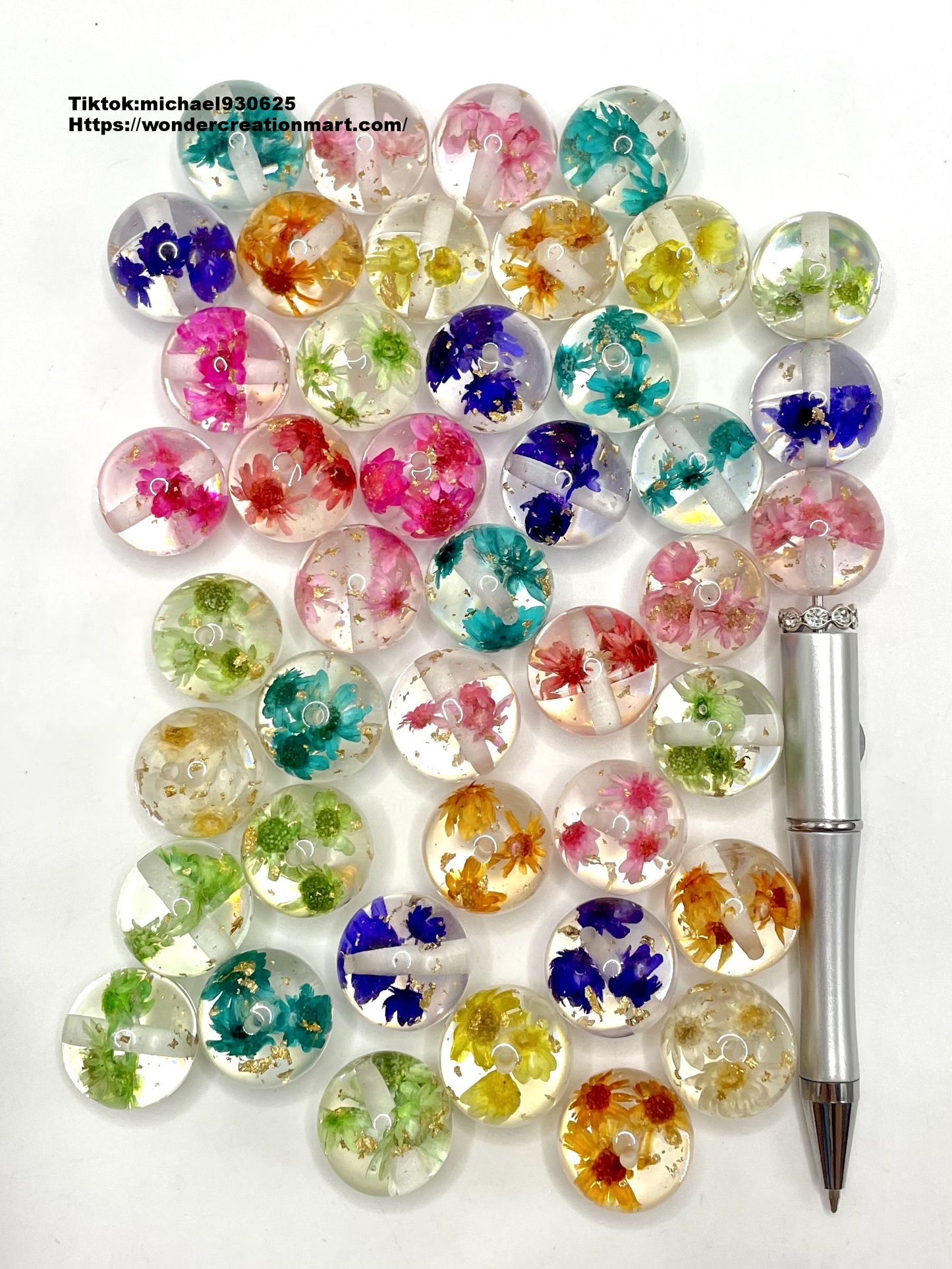 Dry Flower Clear Rund Acrylic Beads with Gold Foil Multicolor Flower,Random Mix,20mm