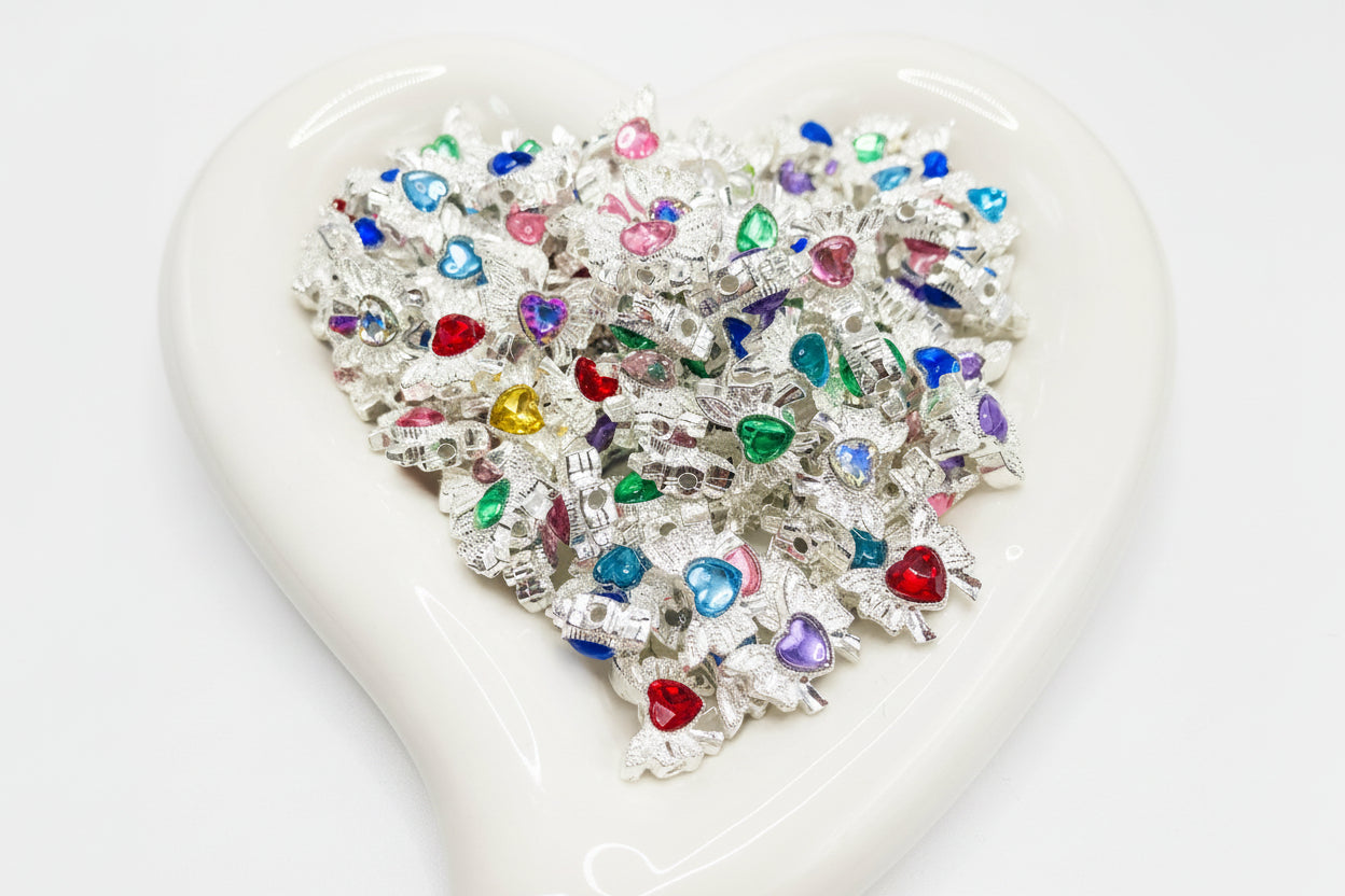 Metal bow-shaped beads Multicolored rhinestone heart-shaped beads 16mm Random Mix