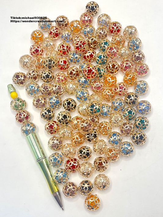 Metal Gold Star iron Ball Hollow With Multicolor Rhinestones,Random Mix,16mm