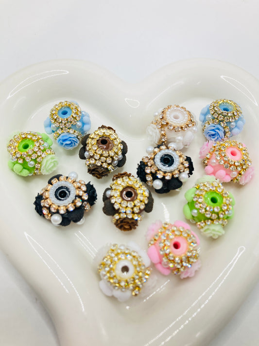 beaded beadable fancy heart beads with rose flowers ornamental with pearl and rhinestone chain,colorful  ,random mix