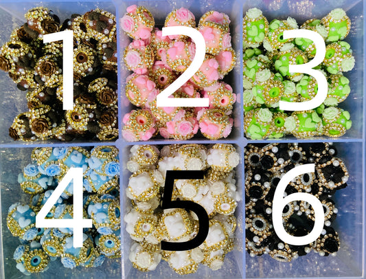 beaded beadable fancy heart beads with rose flowers ornamental with pearl and rhinestone chain,colorful  ,random mix