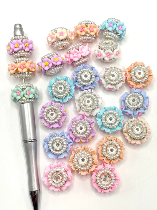 Flower Bead Colorful Folwer with Pearl Rhinestones,Random Mix,22mm Fancy-44